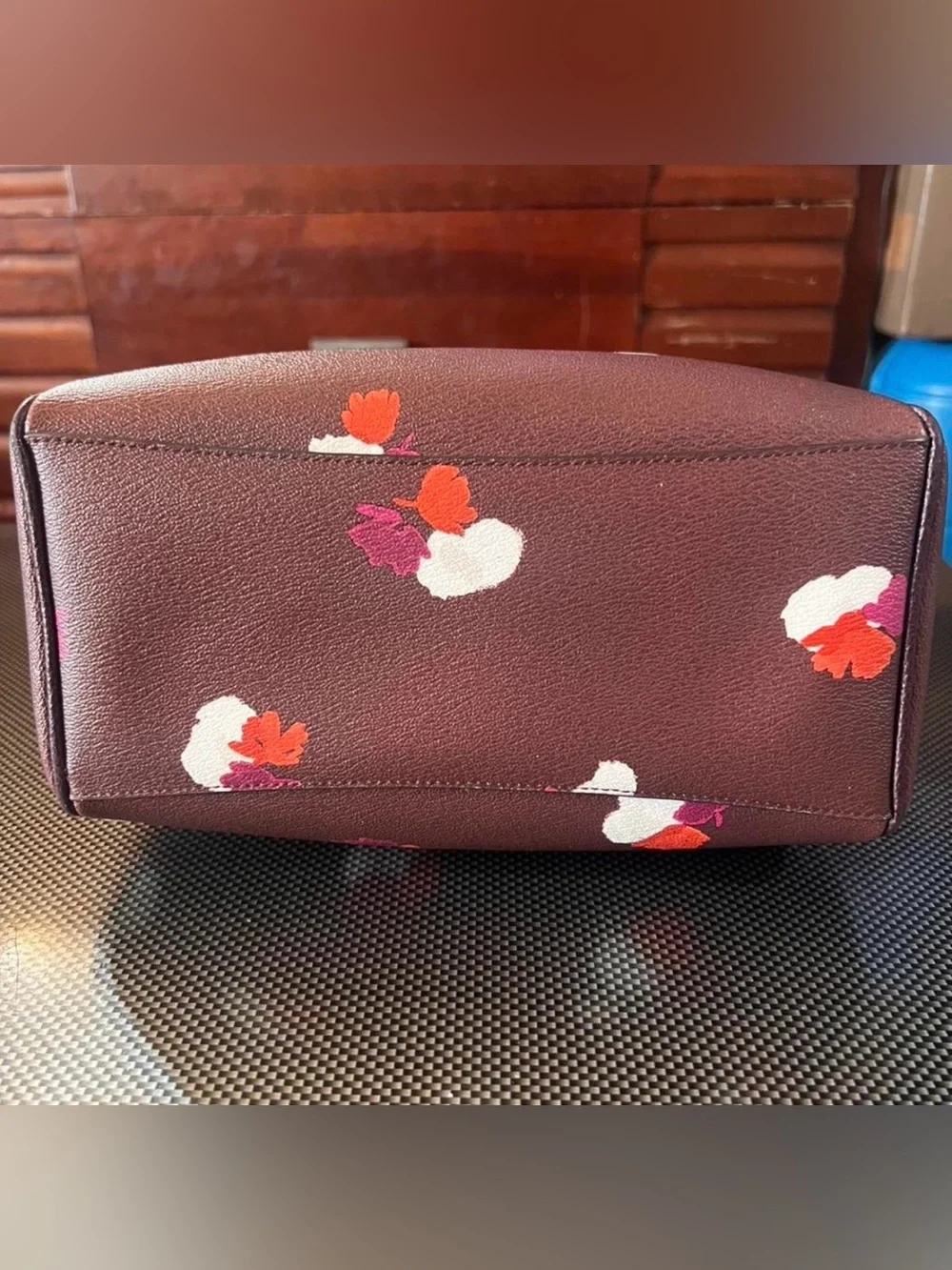 Coach Maroon Floral Leather Satchel with Pink and Orange Accents